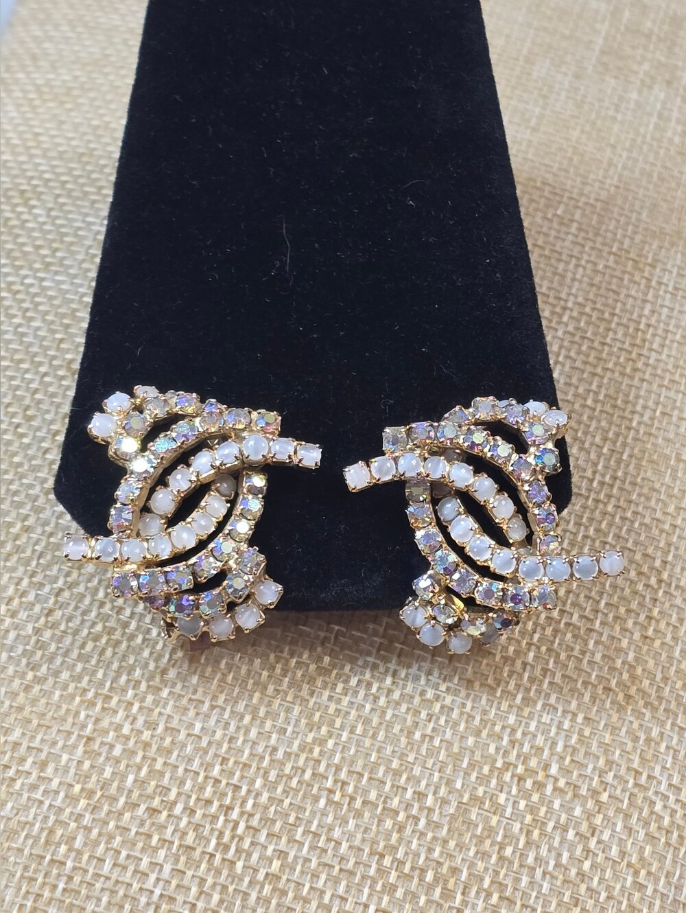 Alice Caviness Large Twisted AB Crystal Interlocking Opal Clip Earrings